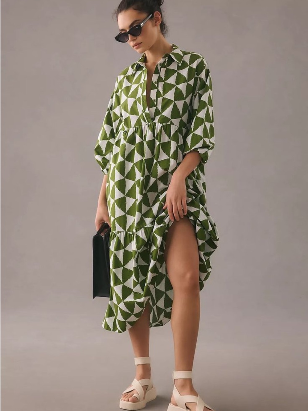 Anthropologie Maeve The Bettina Tiered Shirt Dress in Moss Green